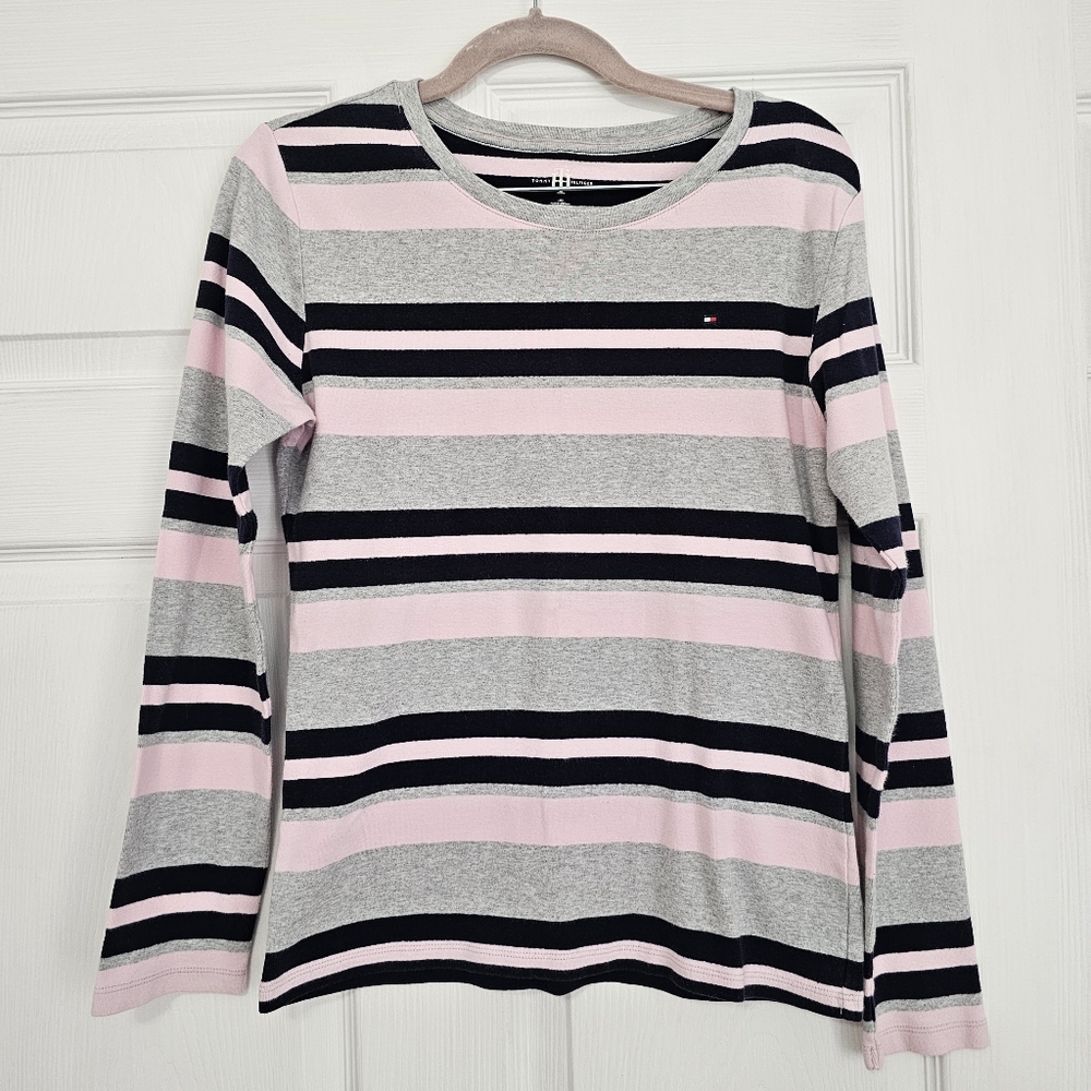 Tommy Hilfiger Pink and Gray Striped Long Sleeve Tee